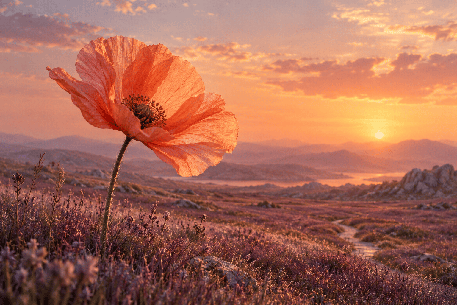 A towering coral poppy catches the light above a violet meadow