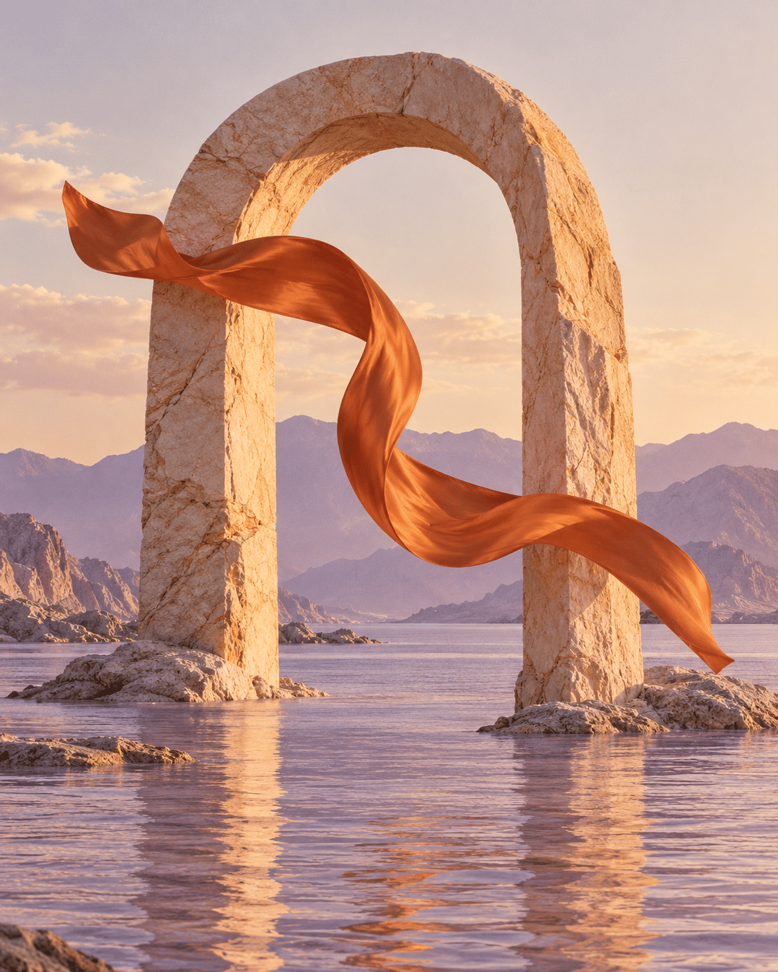 An orange ribbon floating through an apricot arch above a lavender sea